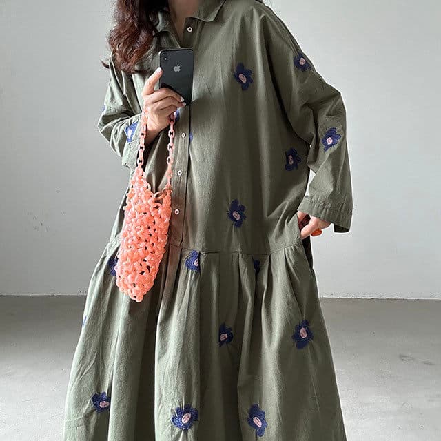 있음 선적 한국 chic 이른 가을 레트로 무거운 작업 자수 꽃 루즈핏 큰 진자 종류 셔츠 여성 드레스 상세 이미지 20
