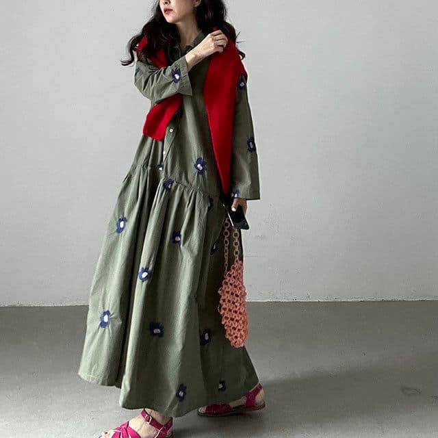 있음 선적 한국 chic 이른 가을 레트로 무거운 작업 자수 꽃 루즈핏 큰 진자 종류 셔츠 여성 드레스 상세 이미지 21