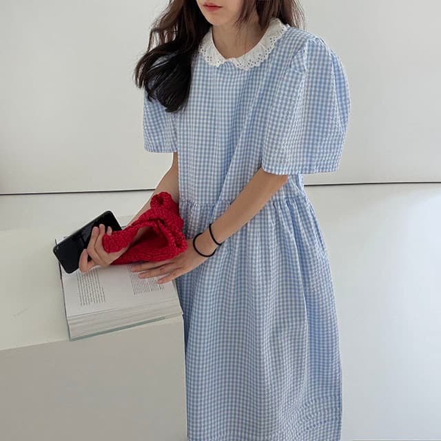 있음 선적 한국 chi 여름 새로운 연령 감소 레이스 베이비 칼라 질감 센스 체크무늬 여성 드레스 이미지 2