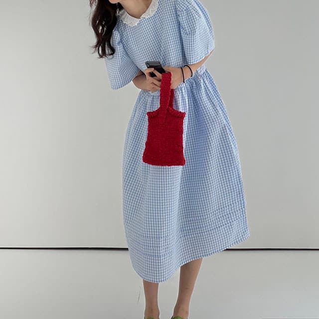 있음 선적 한국 chi 여름 새로운 연령 감소 레이스 베이비 칼라 질감 센스 체크무늬 여성 드레스 상세 이미지 3