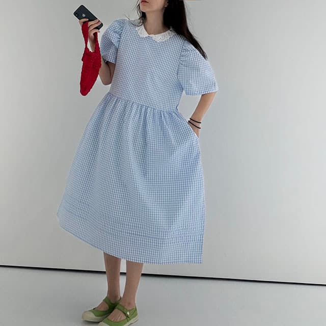 있음 선적 한국 chi 여름 새로운 연령 감소 레이스 베이비 칼라 질감 센스 체크무늬 여성 드레스 상세 이미지 5