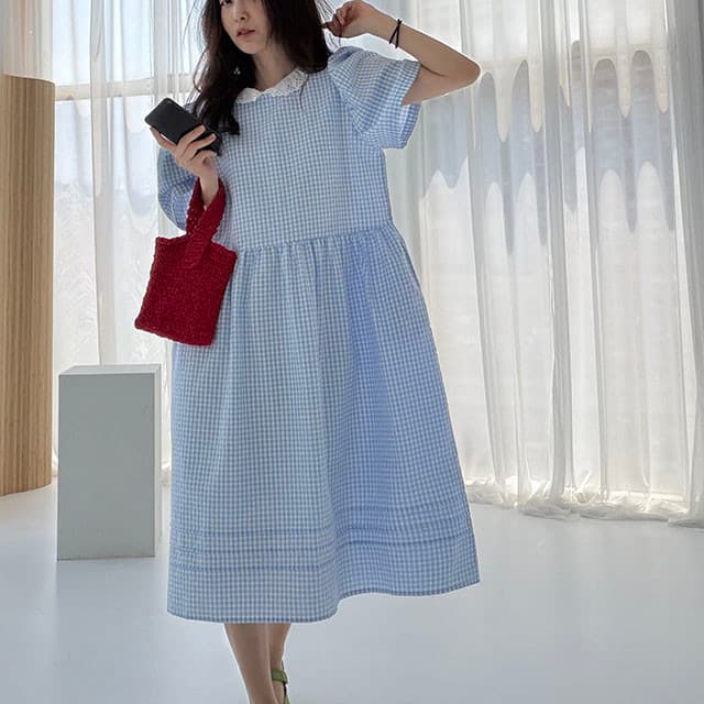 있음 선적 한국 chi 여름 새로운 연령 감소 레이스 베이비 칼라 질감 센스 체크무늬 여성 드레스 상세 이미지 8