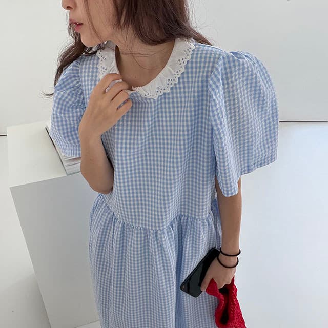 있음 선적 한국 chi 여름 새로운 연령 감소 레이스 베이비 칼라 질감 센스 체크무늬 여성 드레스 상세 이미지 19