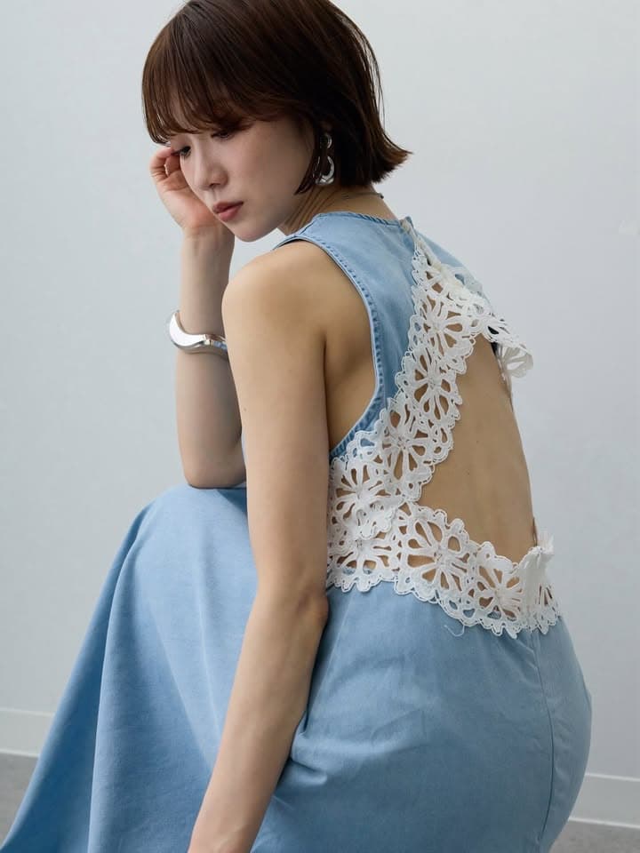 있음 선적 한국 chic 여름 새로운 작은 심장 기계 홀로우 아웃 백리스 패치워크 레이스 데님 조끼 원피스 상세 이미지 1