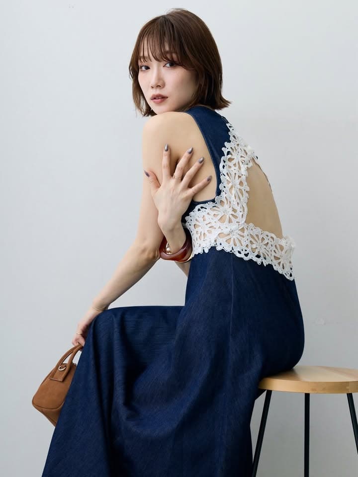 있음 선적 한국 chic 여름 새로운 작은 심장 기계 홀로우 아웃 백리스 패치워크 레이스 데님 조끼 원피스 상세 이미지 10