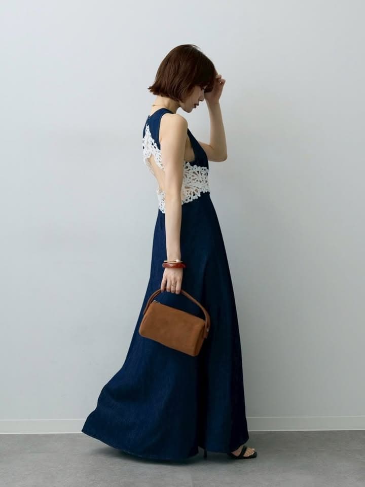 있음 선적 한국 chic 여름 새로운 작은 심장 기계 홀로우 아웃 백리스 패치워크 레이스 데님 조끼 원피스 상세 이미지 15