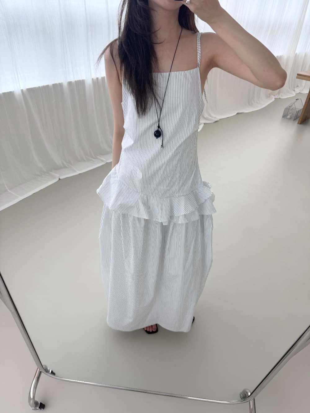 있음 선적 한국 동대문 작은 대중 디자인 센스 패치워크 프릴 스트라이프 슬립 여성 드레스 상세 이미지 3