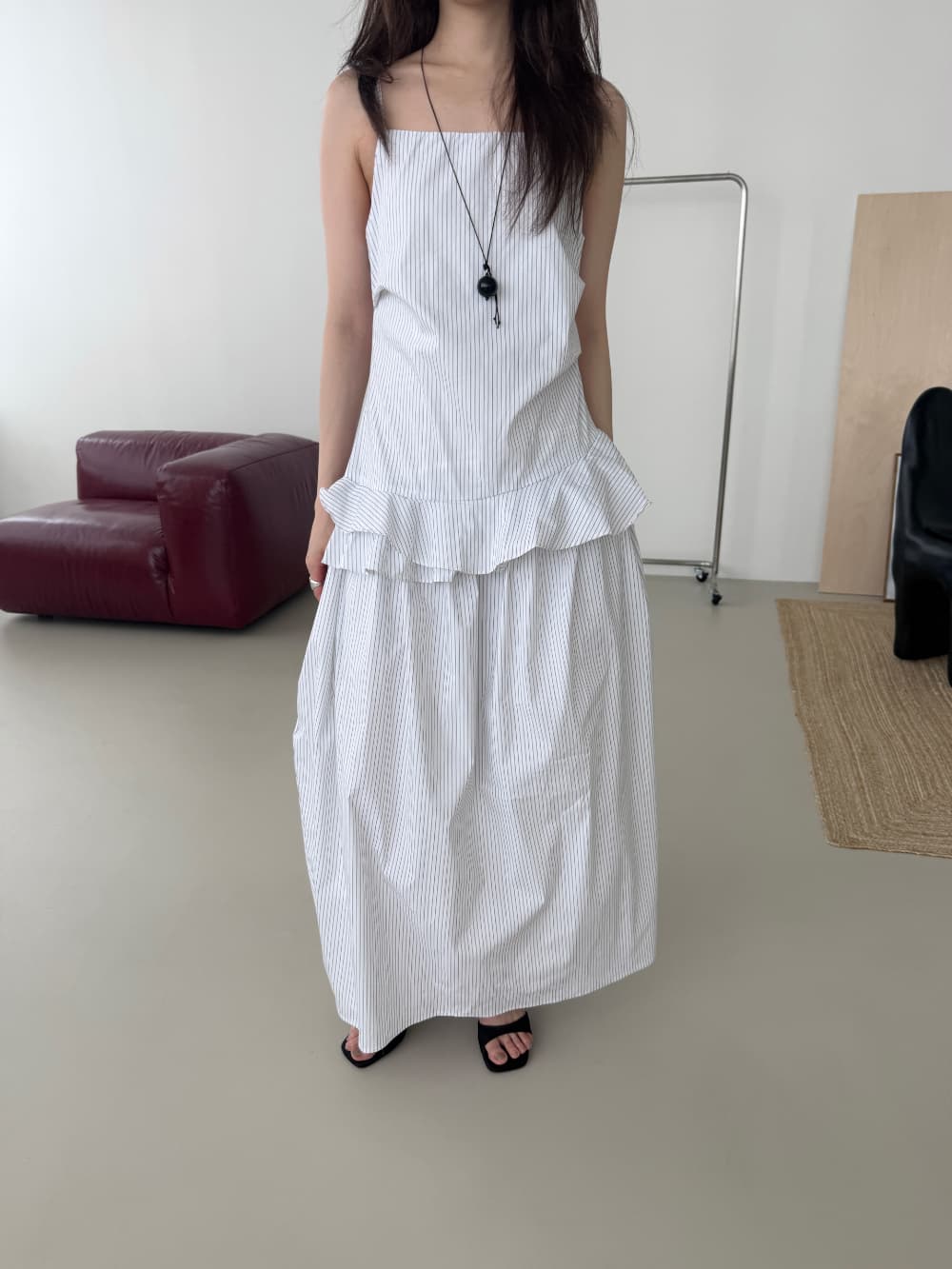 있음 선적 한국 동대문 작은 대중 디자인 센스 패치워크 프릴 스트라이프 슬립 여성 드레스 상세 이미지 5