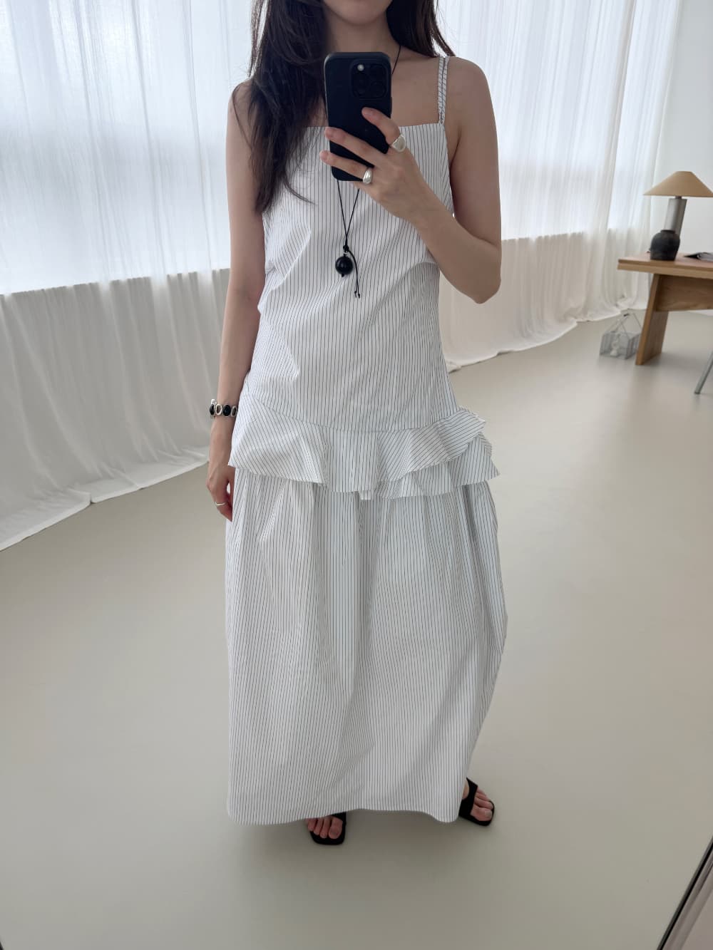 있음 선적 한국 동대문 작은 대중 디자인 센스 패치워크 프릴 스트라이프 슬립 여성 드레스 상세 이미지 8