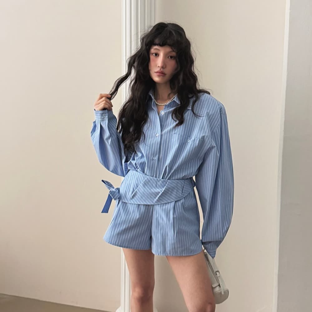 있음 선적 한국 동대문 불규칙 스트라이프 셔츠 하이웨이스트 넓은 다리가 짧다. 바지 투피스 세트