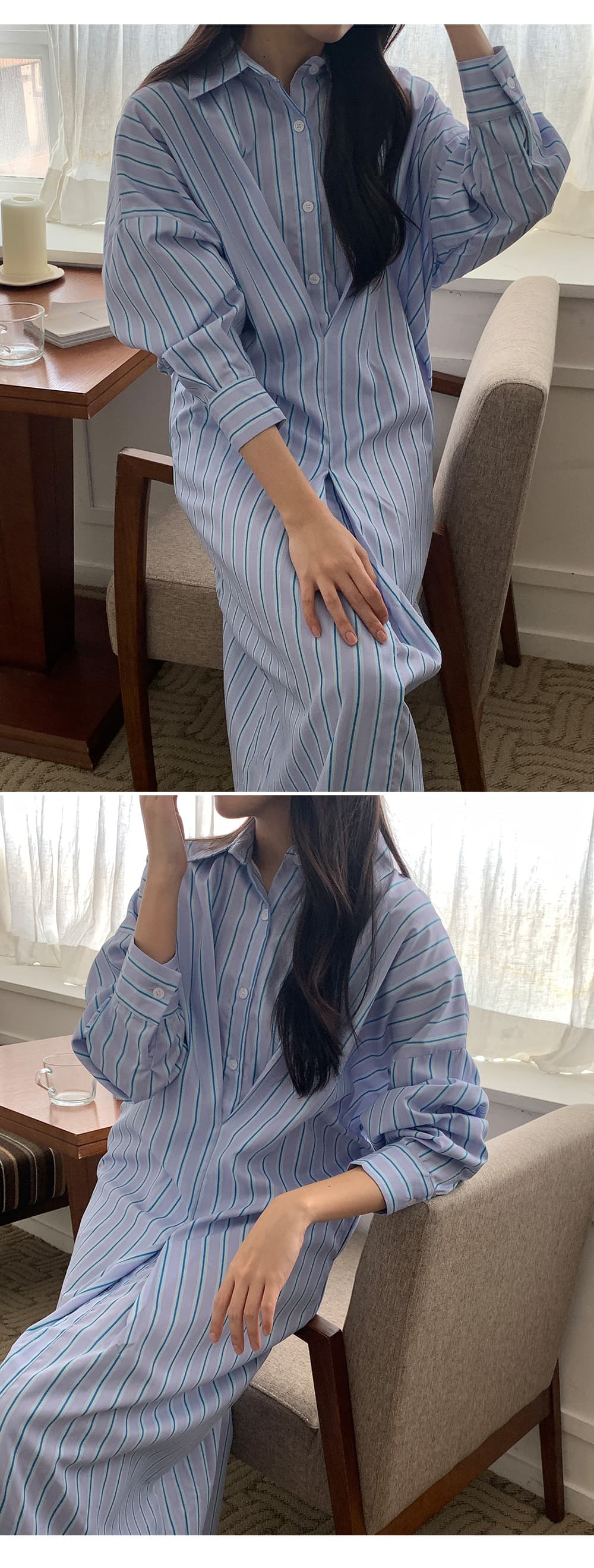 있음 선적 한국 동대문 작은 대중 디자인 센스 플리츠 긴팔 스트라이프 셔츠 여성 드레스 상세 이미지 6