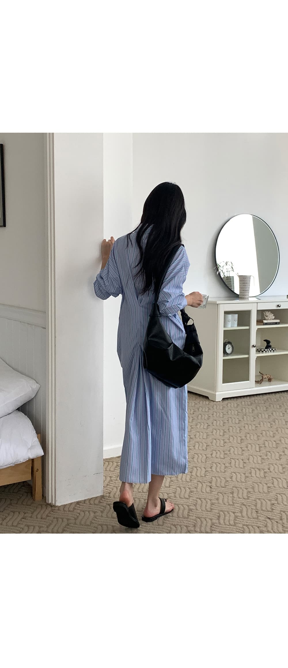 있음 선적 한국 동대문 작은 대중 디자인 센스 플리츠 긴팔 스트라이프 셔츠 여성 드레스 상세 이미지 7