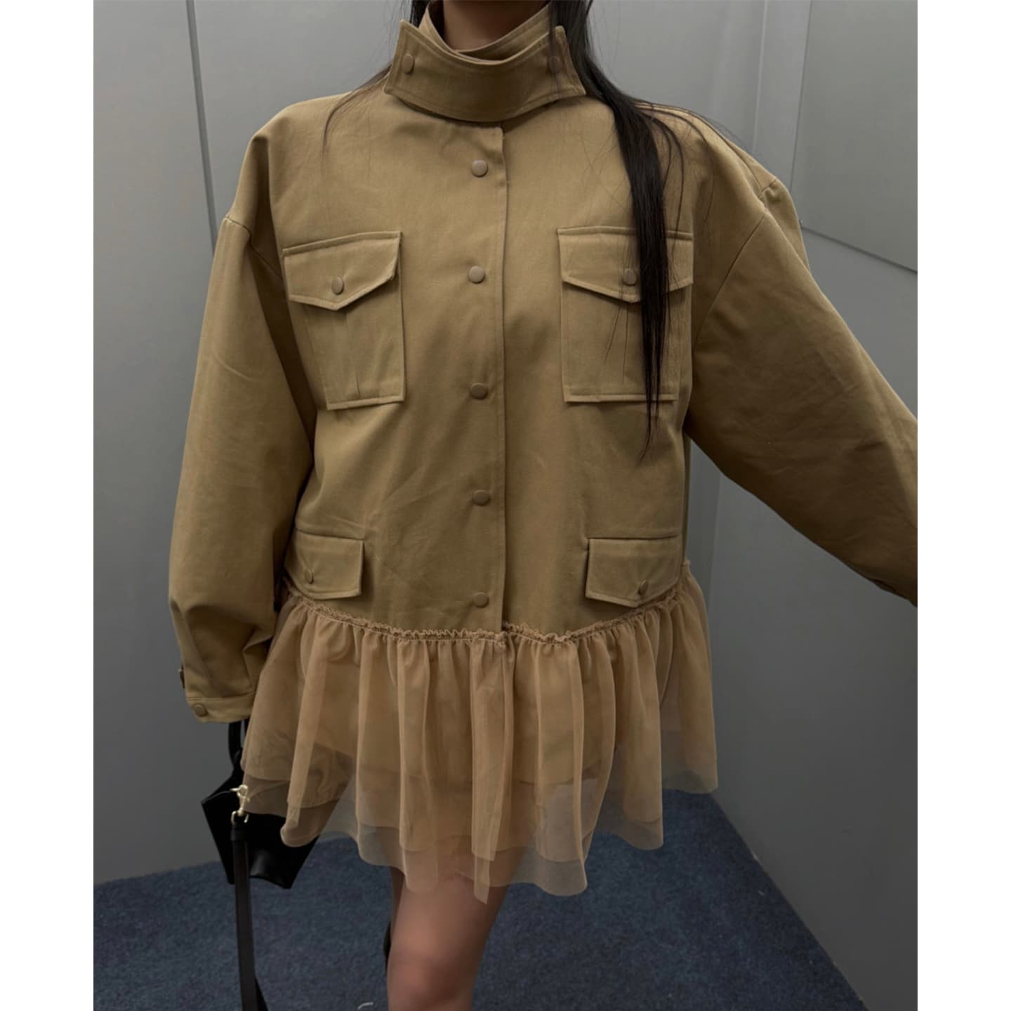 한국 동대문 레트로 스탠드 칼라 패치워크 망사 워크웨어 바람막이 여성 코트 이미지 2