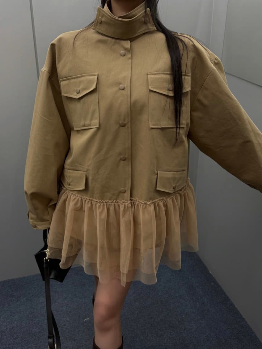 한국 동대문 레트로 스탠드 칼라 패치워크 망사 워크웨어 바람막이 여성 코트 상세 이미지 5