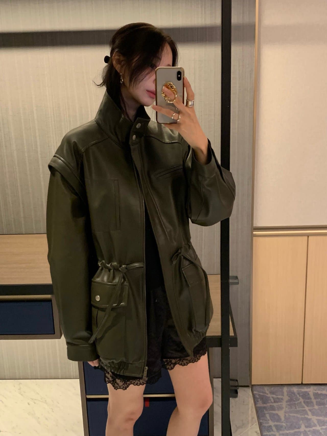 한국 동대문 레트로 스탠드 칼라 기타 주머니 워크웨어 pu 가죽 재킷 여성 코트 상세 이미지 1