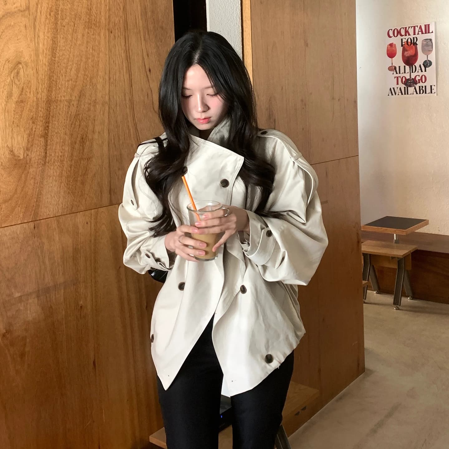 한국 동대문 레트로 스탠드 칼라 이중 버튼 쇼트 스타일 바람막이 여성 코트 상세 이미지 15
