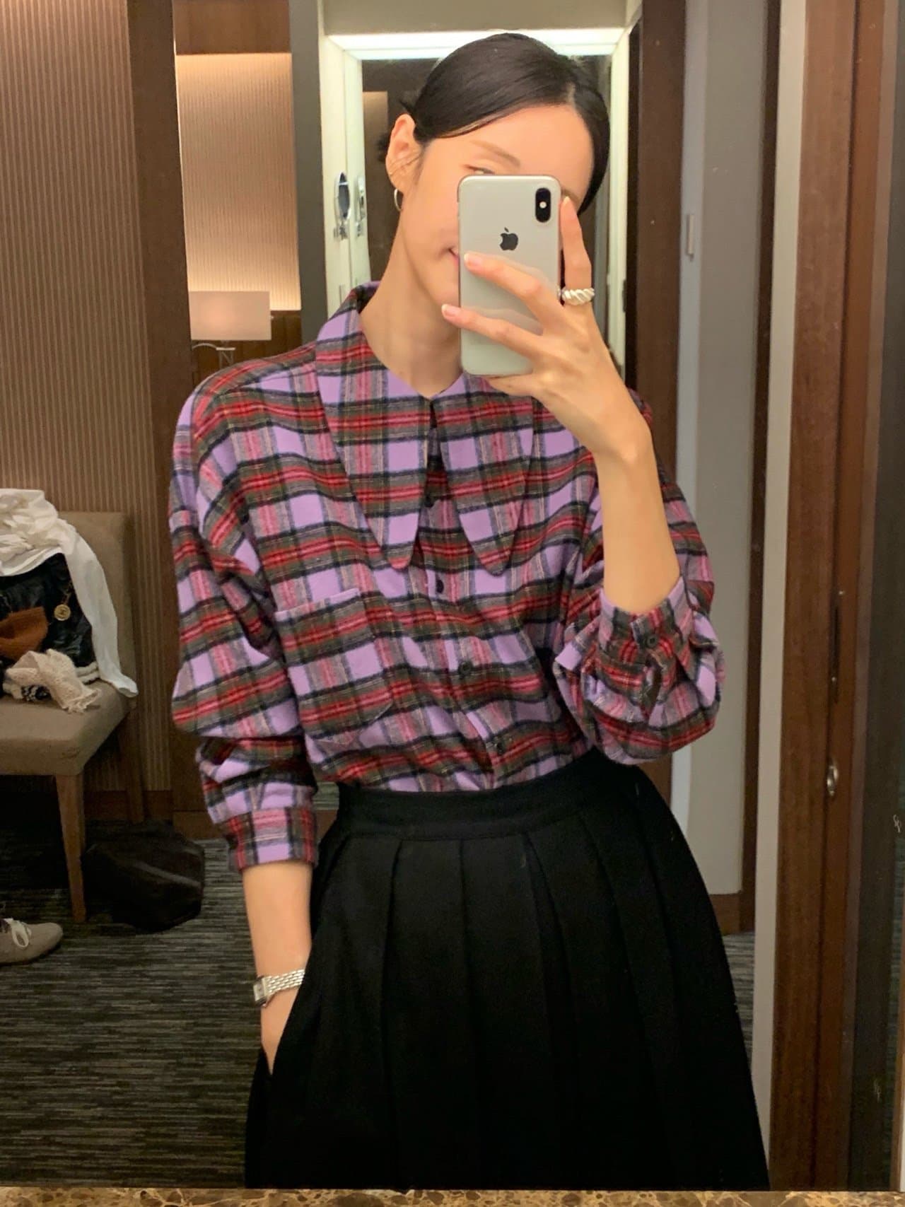 한국 동대문 작은 대중 레트로 포인터 포인터 칼라 긴팔 체크무늬 여성 셔츠 이미지 3