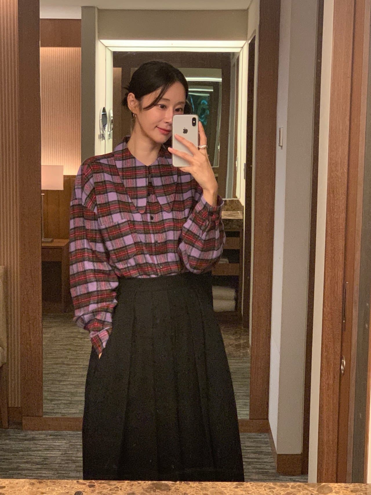한국 동대문 작은 대중 레트로 포인터 포인터 칼라 긴팔 체크무늬 여성 셔츠 상세 이미지 4