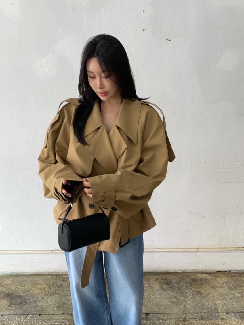 한국 동대문 레트로 품격 정장 칼라 이중 버튼 워크웨어 쇼트 스타일 바람막이 여성 코트 상세 이미지 15