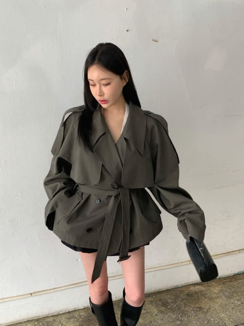한국 동대문 레트로 품격 정장 칼라 이중 버튼 워크웨어 쇼트 스타일 바람막이 여성 코트 상세 이미지 35