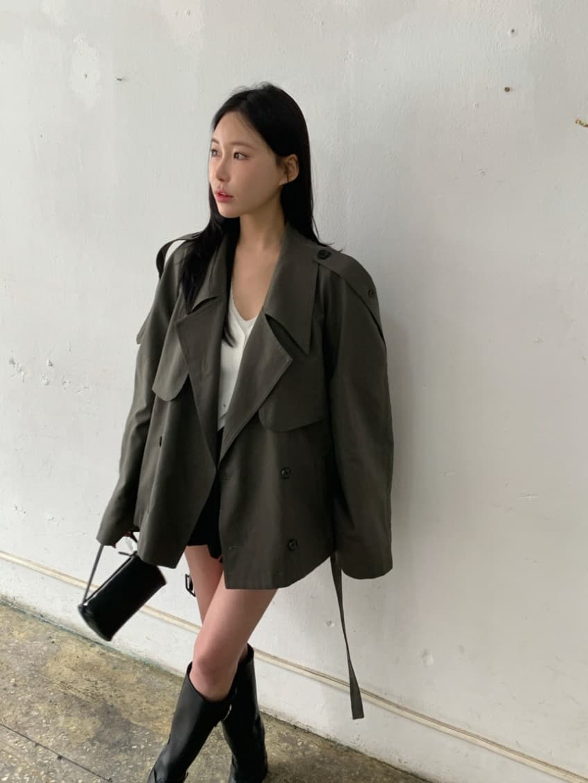 한국 동대문 레트로 품격 정장 칼라 이중 버튼 워크웨어 쇼트 스타일 바람막이 여성 코트 상세 이미지 36