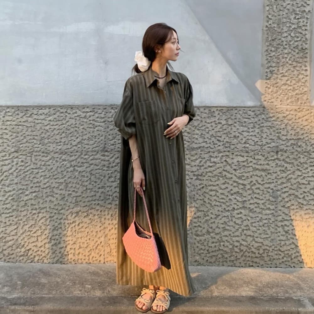 한국 동대문 작은 대중 느긋한 바람 폴로 칼라 싱글 줄 버튼 루즈핏 캐주얼 롱 코트 셔츠 여성 드레스 이미지 2
