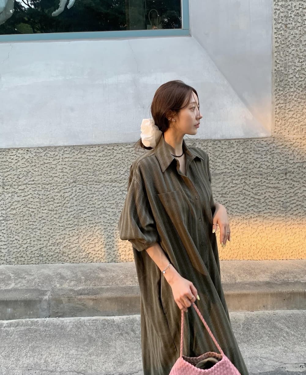 한국 동대문 작은 대중 느긋한 바람 폴로 칼라 싱글 줄 버튼 루즈핏 캐주얼 롱 코트 셔츠 여성 드레스 상세 이미지 17