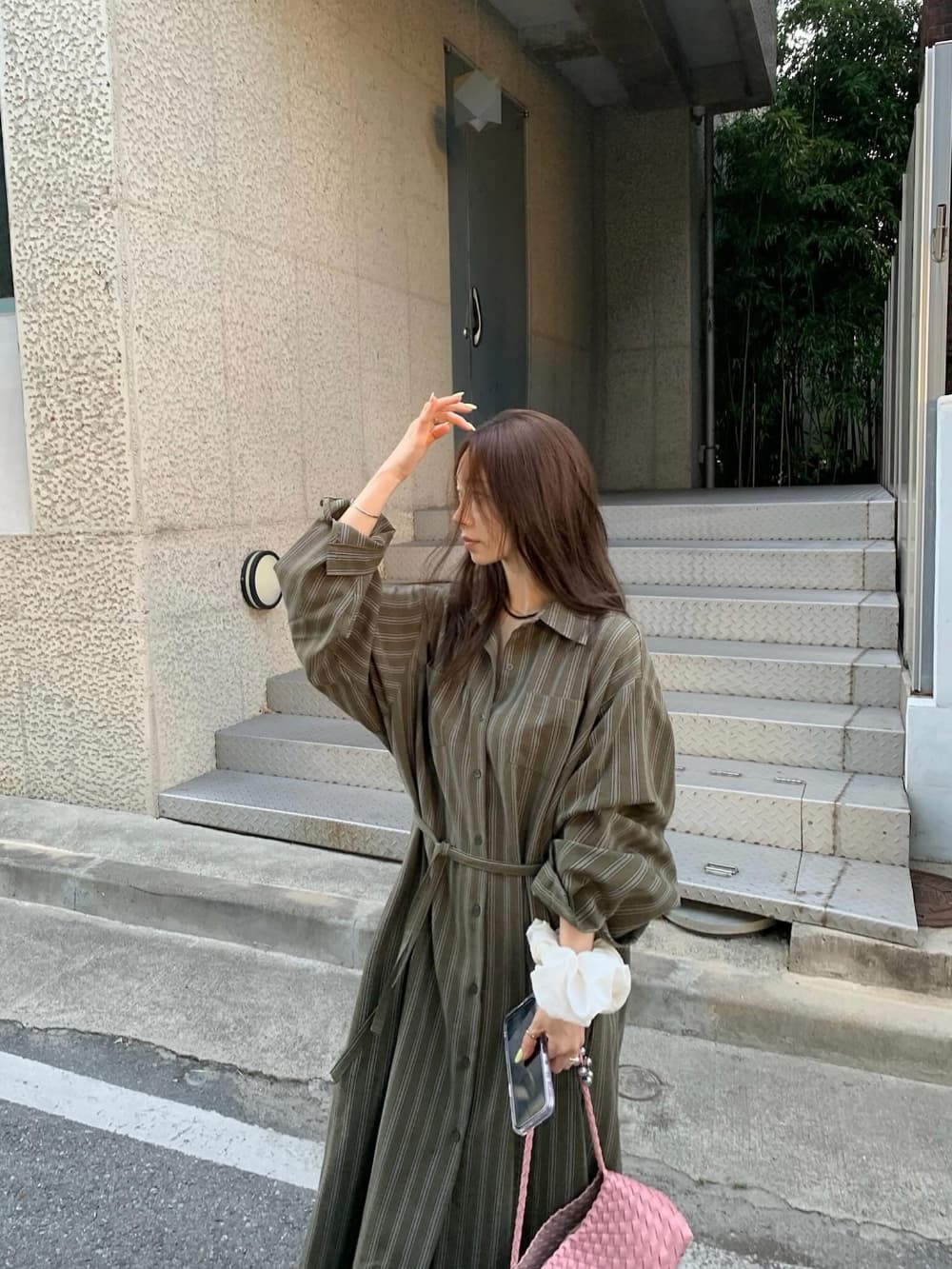 한국 동대문 작은 대중 느긋한 바람 폴로 칼라 싱글 줄 버튼 루즈핏 캐주얼 롱 코트 셔츠 여성 드레스 상세 이미지 19