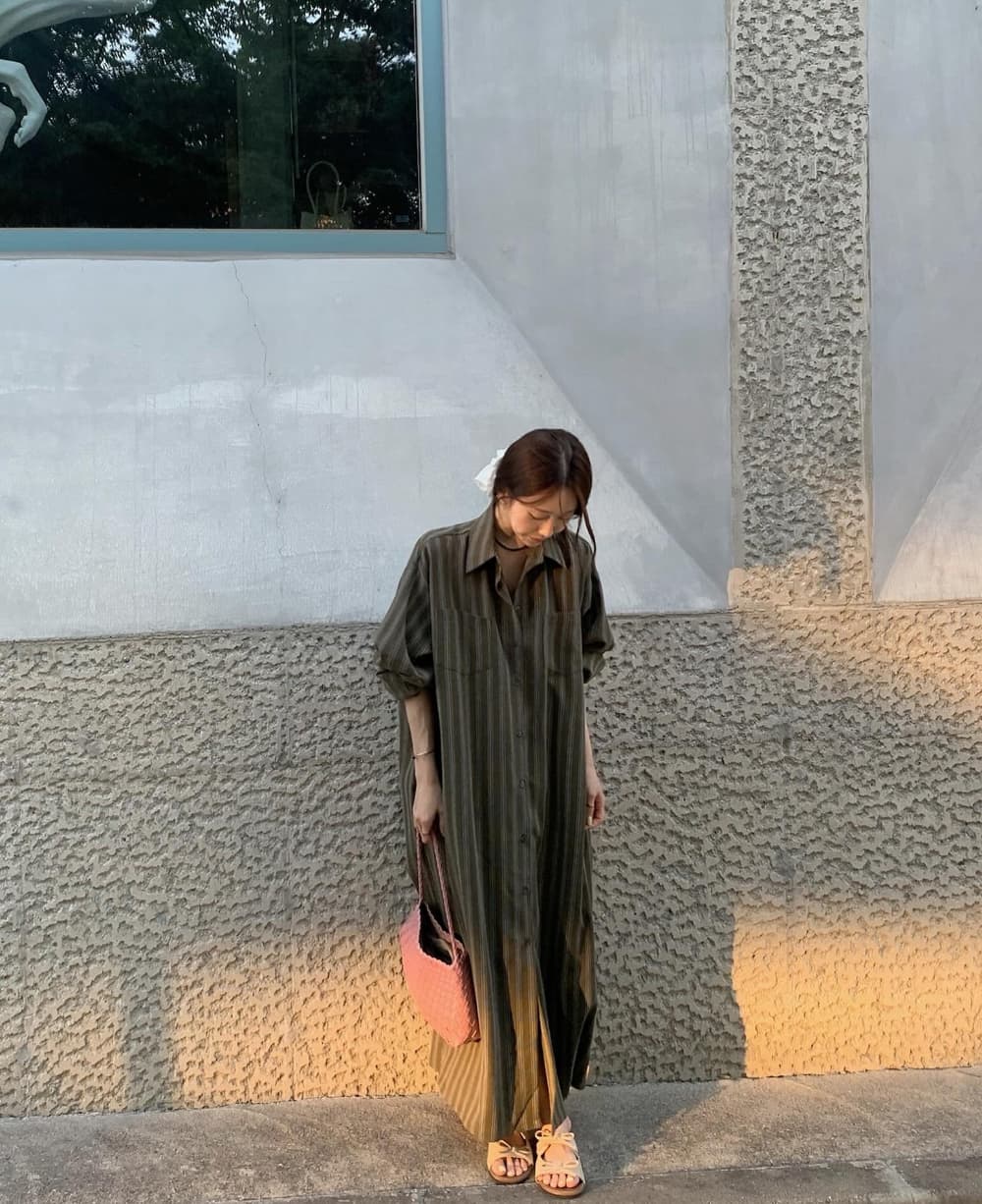 한국 동대문 작은 대중 느긋한 바람 폴로 칼라 싱글 줄 버튼 루즈핏 캐주얼 롱 코트 셔츠 여성 드레스 상세 이미지 20