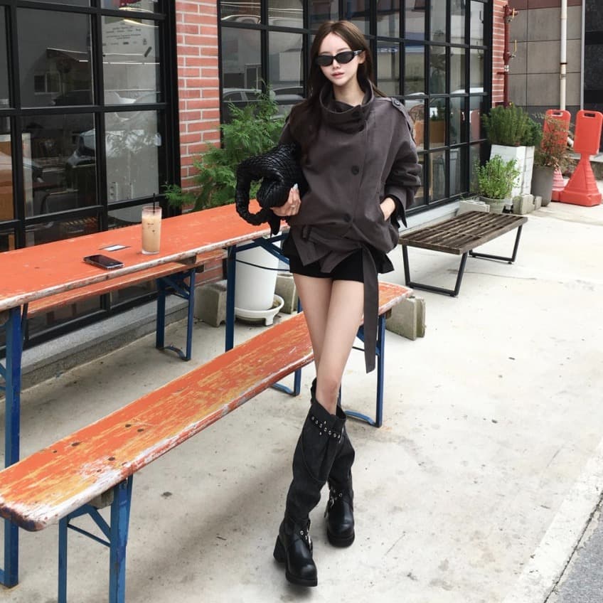 한국 동대문 레트로 고급 센스 스탠드 칼라 이중 버튼 레이스업 허리 수축 쇼트 스타일 재킷 재킷 너 이미지 3