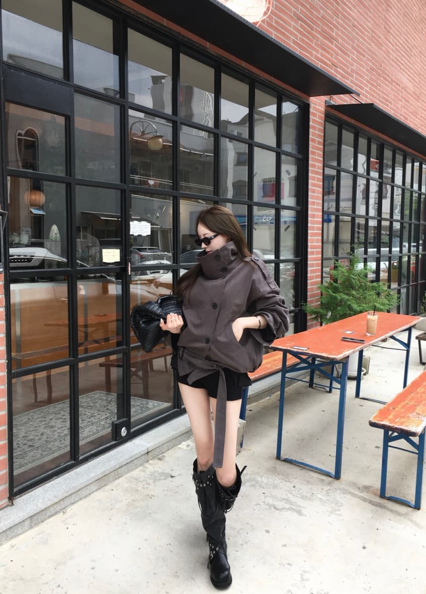 한국 동대문 레트로 고급 센스 스탠드 칼라 이중 버튼 레이스업 허리 수축 쇼트 스타일 재킷 재킷 너 상세 이미지 17