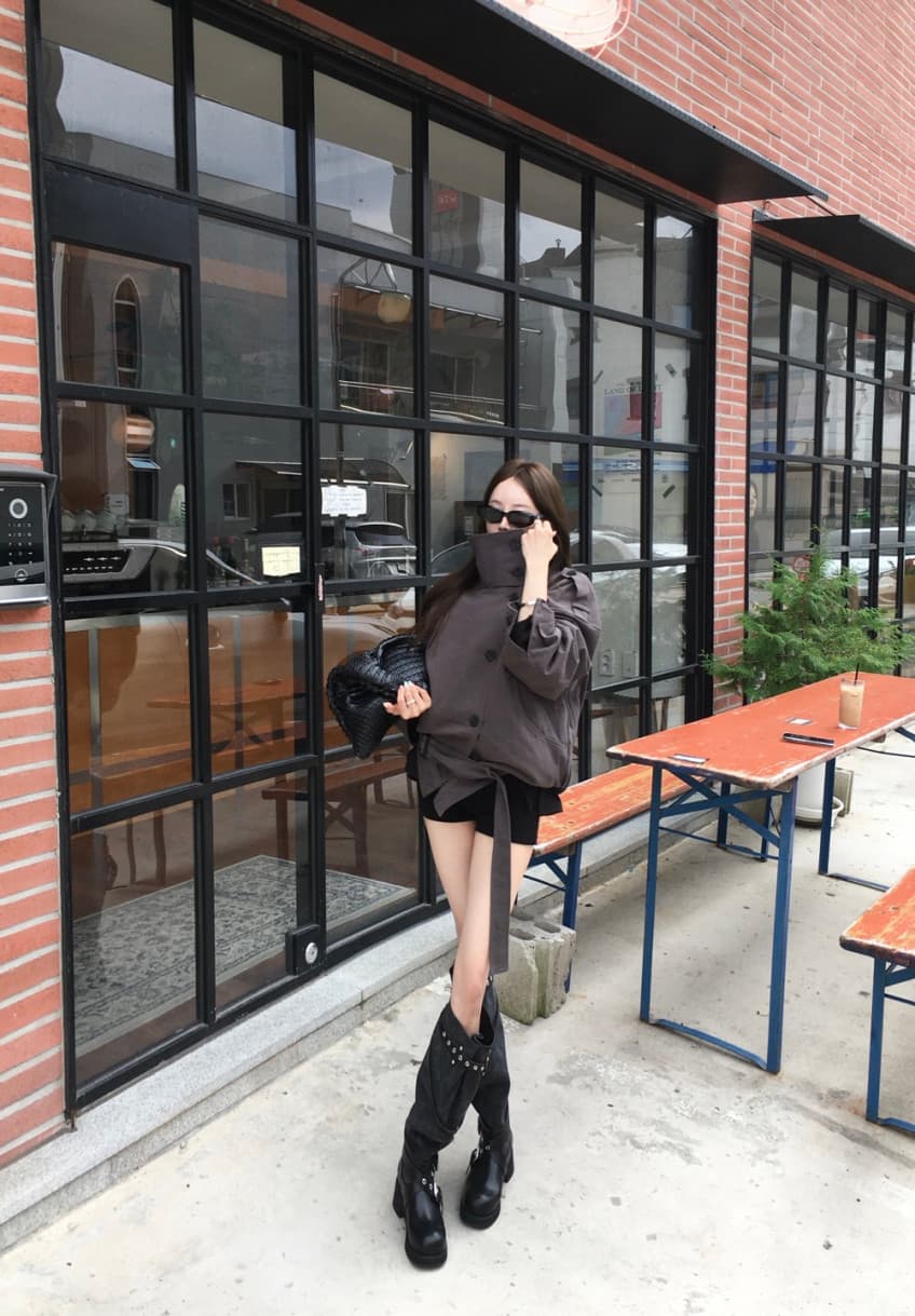 한국 동대문 레트로 고급 센스 스탠드 칼라 이중 버튼 레이스업 허리 수축 쇼트 스타일 재킷 재킷 너 상세 이미지 18