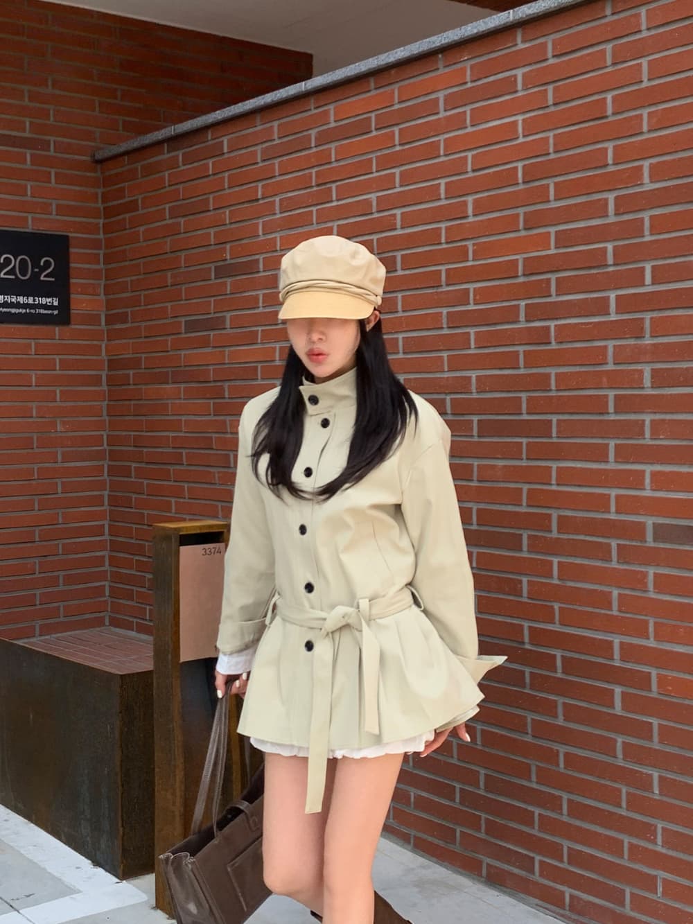 한국 동대문 레트로 고급 센스 뒤로 패치워크 부서 허리 쇼트 스타일 바람막이 여성 코트 상세 이미지 1