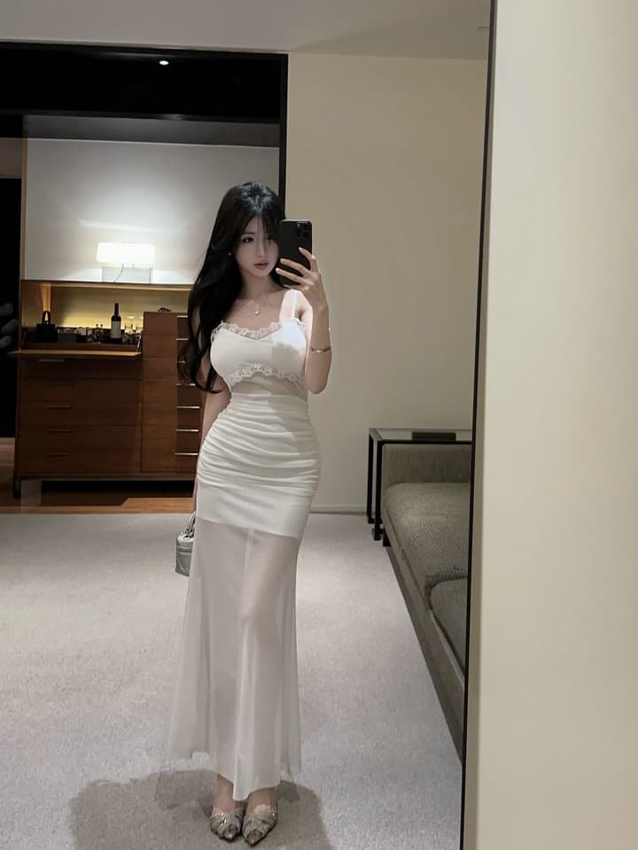 실사 2026 새로운 낮은 가슴 오프숄더 슬립 프릴 중간 길이 망사 드레스 복장 상세 이미지 7