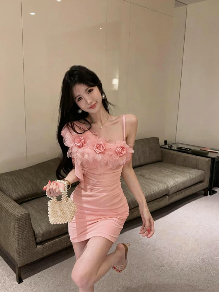 실사 2026 섹시함 낮은 가슴 망사 꽃 패치워크 타이트 스커트 슬립 드레스 복장 상세 이미지 2