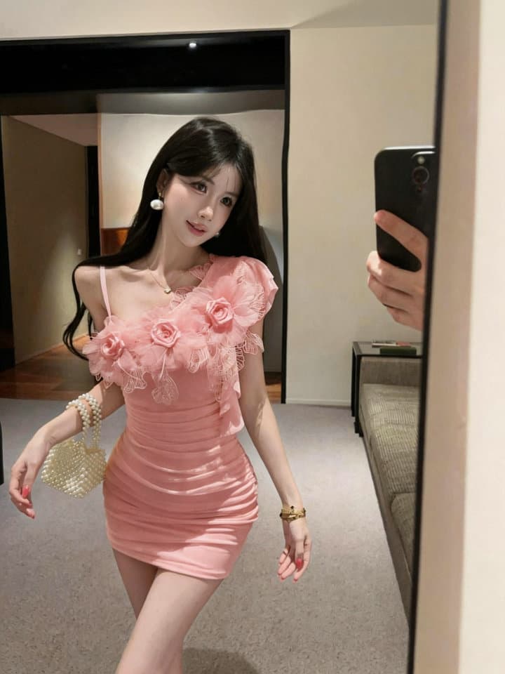 실사 2026 섹시함 낮은 가슴 망사 꽃 패치워크 타이트 스커트 슬립 드레스 복장 상세 이미지 4