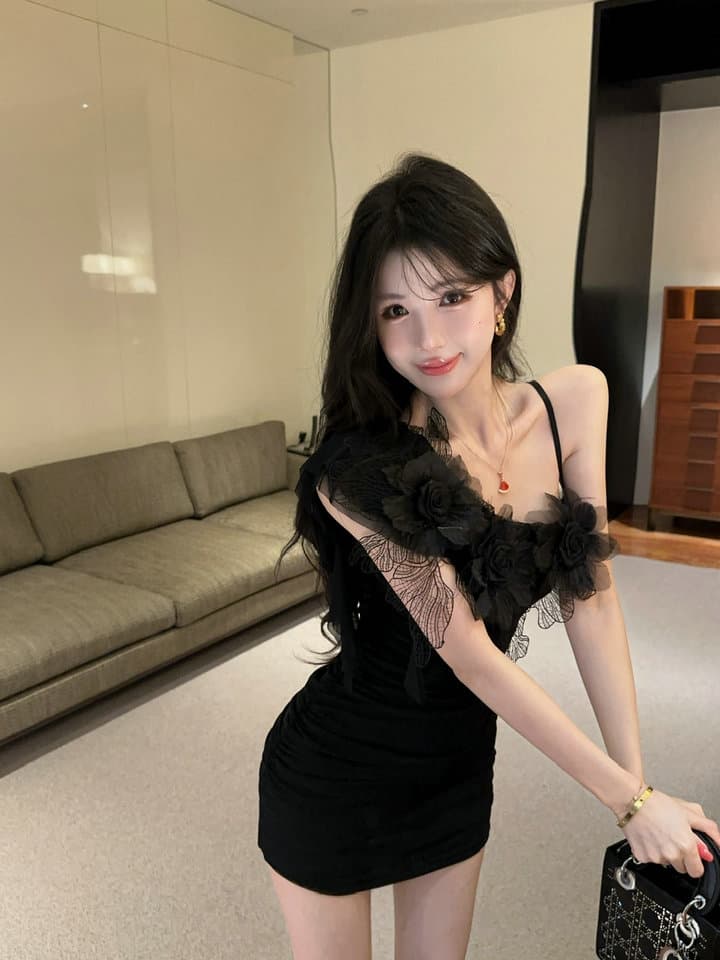 실사 2026 섹시함 낮은 가슴 망사 꽃 패치워크 타이트 스커트 슬립 드레스 복장 상세 이미지 15