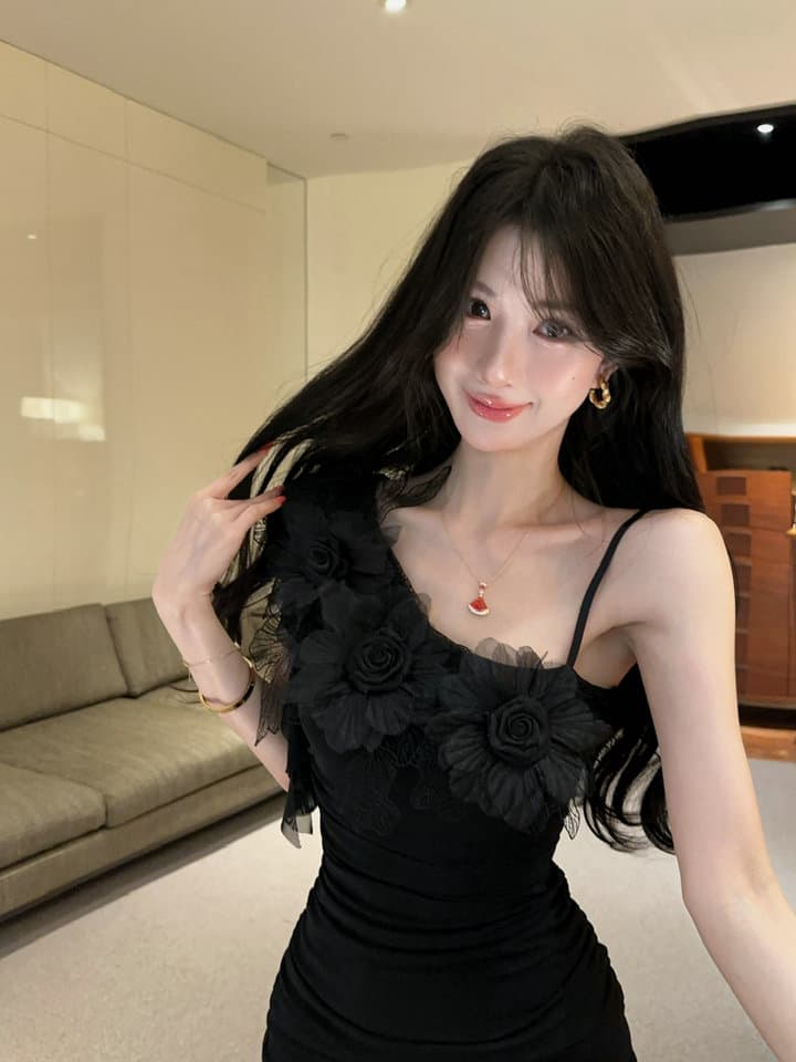 실사 2026 섹시함 낮은 가슴 망사 꽃 패치워크 타이트 스커트 슬립 드레스 복장 상세 이미지 19