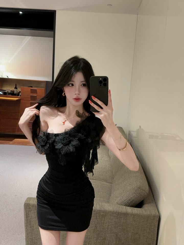 실사 2026 섹시함 낮은 가슴 망사 꽃 패치워크 타이트 스커트 슬립 드레스 복장 상세 이미지 21