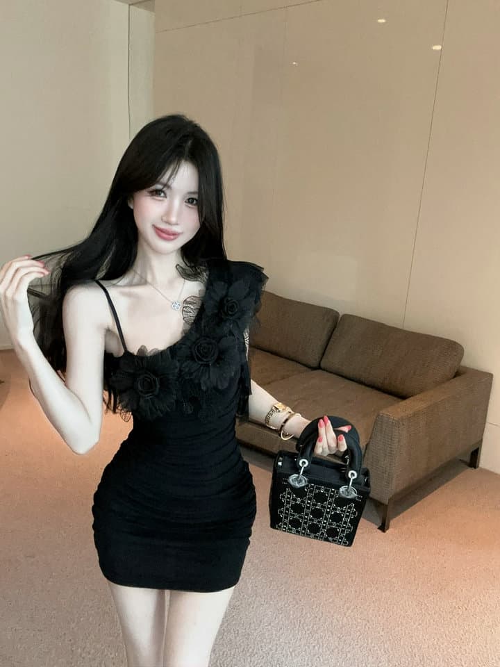 실사 2026 섹시함 낮은 가슴 망사 꽃 패치워크 타이트 스커트 슬립 드레스 복장 상세 이미지 22