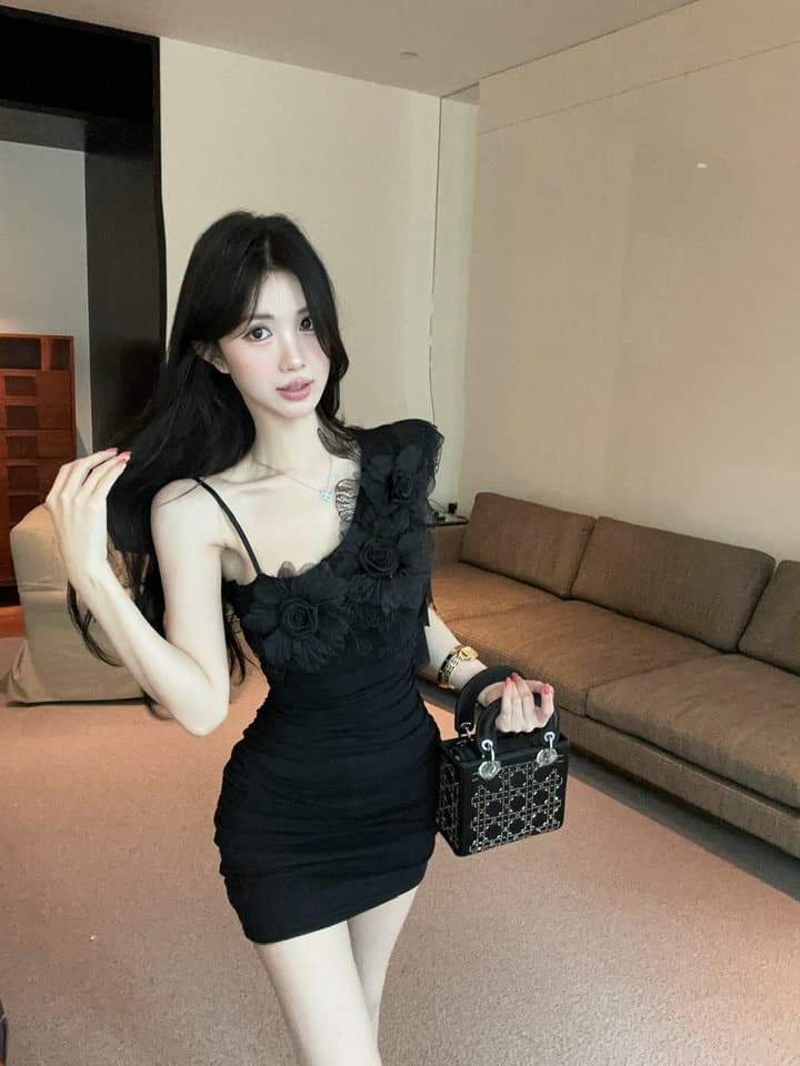 실사 2026 섹시함 낮은 가슴 망사 꽃 패치워크 타이트 스커트 슬립 드레스 복장 상세 이미지 25