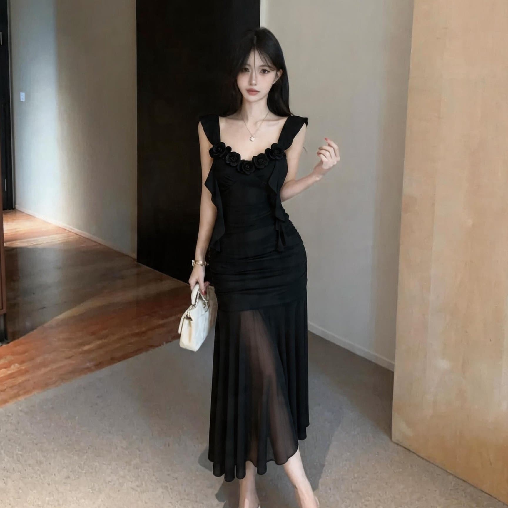 실사 2026 새로운 섹시함 낮은 가슴 술 꽃 패치워크 롱 코트 슬립 드레스
