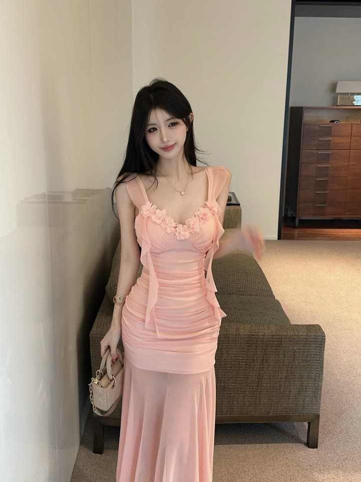 실사 2026 새로운 섹시함 낮은 가슴 술 꽃 패치워크 롱 코트 슬립 드레스 상세 이미지 16