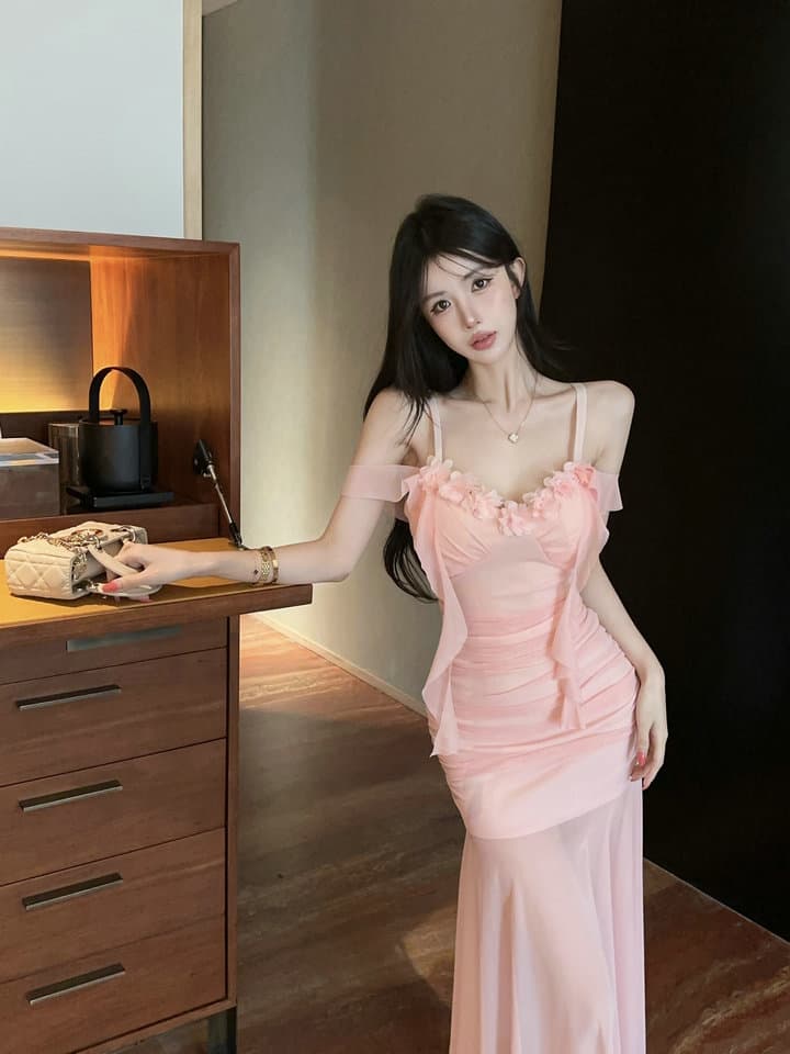 실사 2026 새로운 섹시함 낮은 가슴 술 꽃 패치워크 롱 코트 슬립 드레스 상세 이미지 17