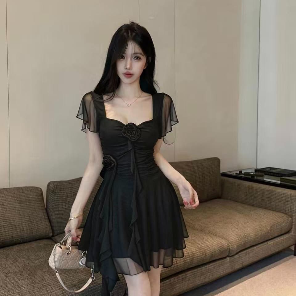 실사 2026 새로운 섹시함 Feifei 소매 꽃 패치워크 퍼프 망사 드레스 이미지 4