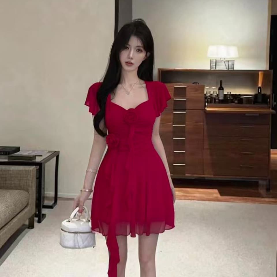 실사 2026 새로운 섹시함 Feifei 소매 꽃 패치워크 퍼프 망사 드레스 이미지 2