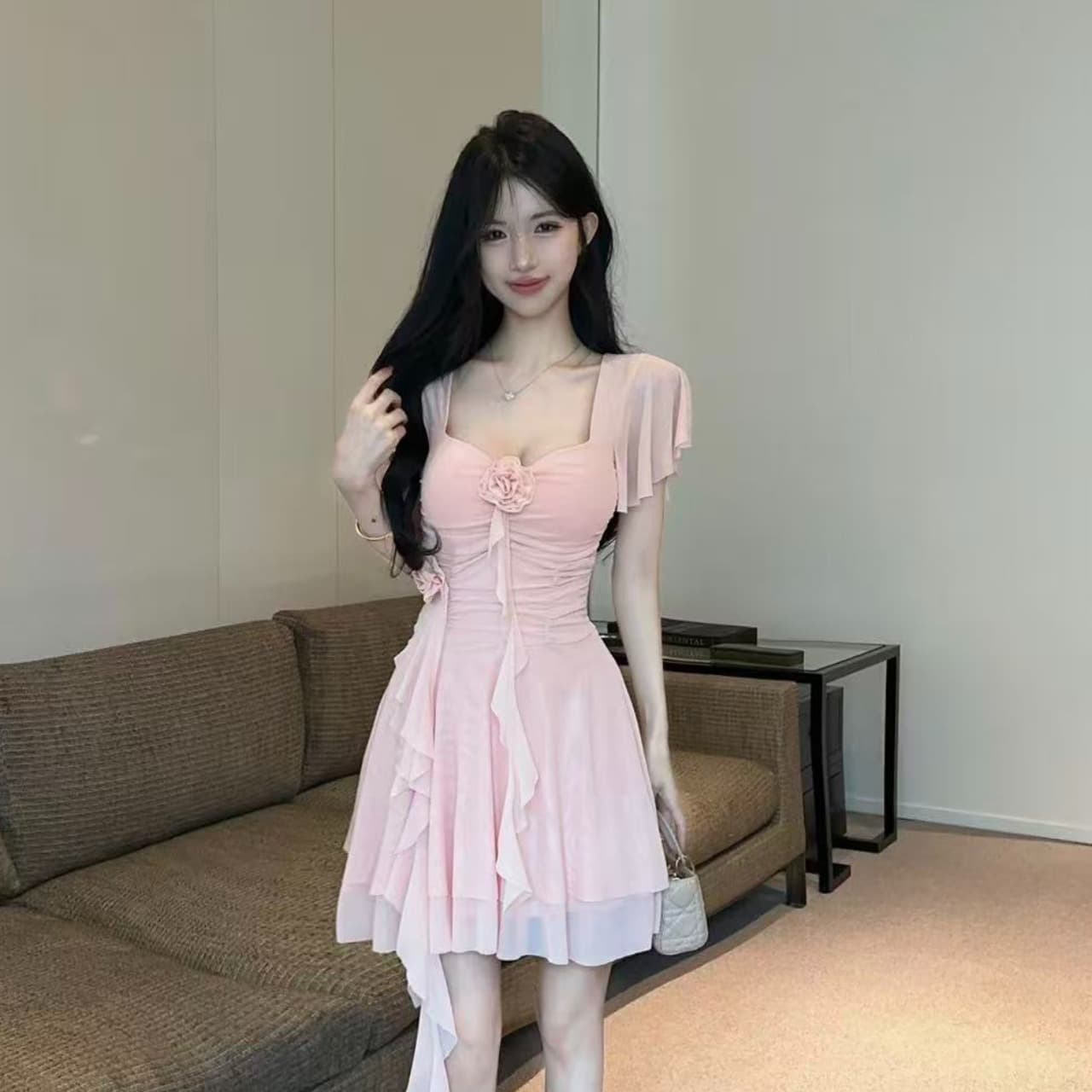 실사 2026 새로운 섹시함 Feifei 소매 꽃 패치워크 퍼프 망사 드레스