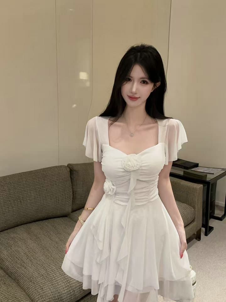 실사 2026 새로운 섹시함 Feifei 소매 꽃 패치워크 퍼프 망사 드레스 상세 이미지 1