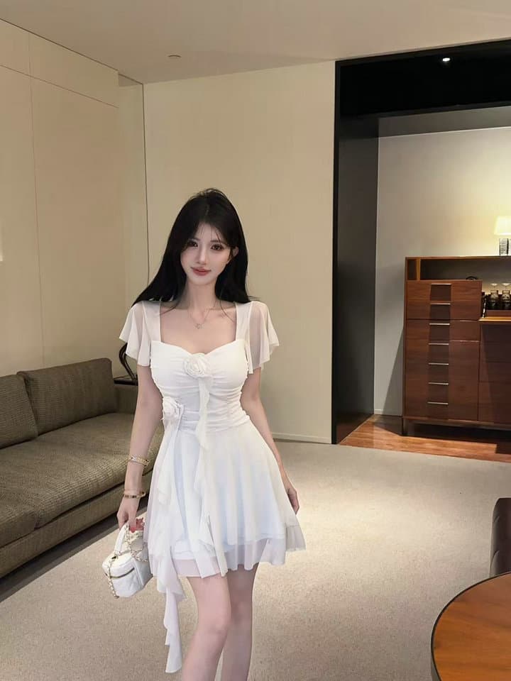 실사 2026 새로운 섹시함 Feifei 소매 꽃 패치워크 퍼프 망사 드레스 상세 이미지 2