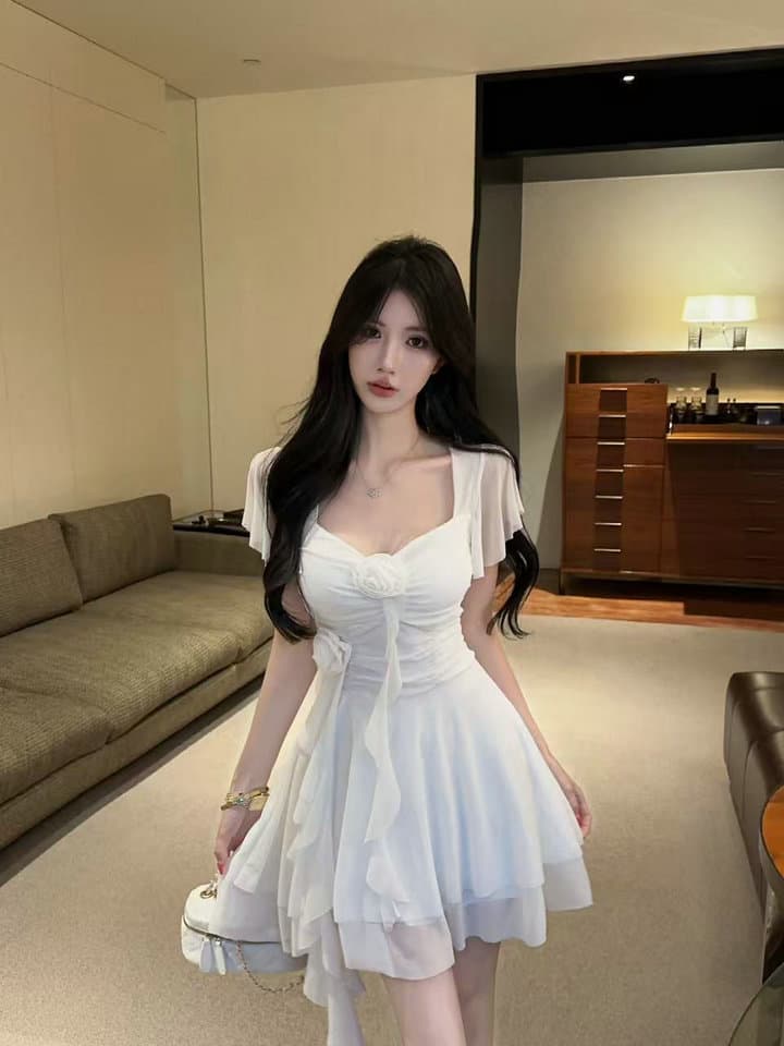 실사 2026 새로운 섹시함 Feifei 소매 꽃 패치워크 퍼프 망사 드레스 상세 이미지 3